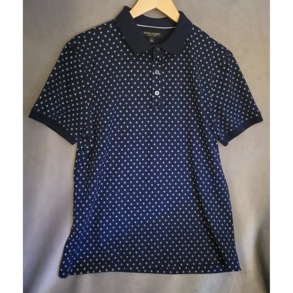 Banana Republic Men's Navy Blue L Polo Shirt Short Sleeve Collared Geometric